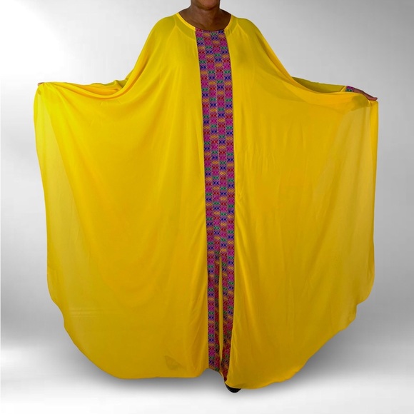 Handmade Dresses & Skirts - Oversized Vibrant Yellow Maxi Kaftan Dress With Multicolor Tribal Print Detail